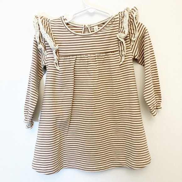 Quincy Mae Long Sleeve Flutter Dress Cocoa Stripe 18-24m